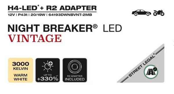 1 Satz OSRAM H4 LED Night Breaker VINTAGE warmweiß +330% mit Zulassung 64193DWNBVNT-2MB (3000K warm weißes Licht Look)